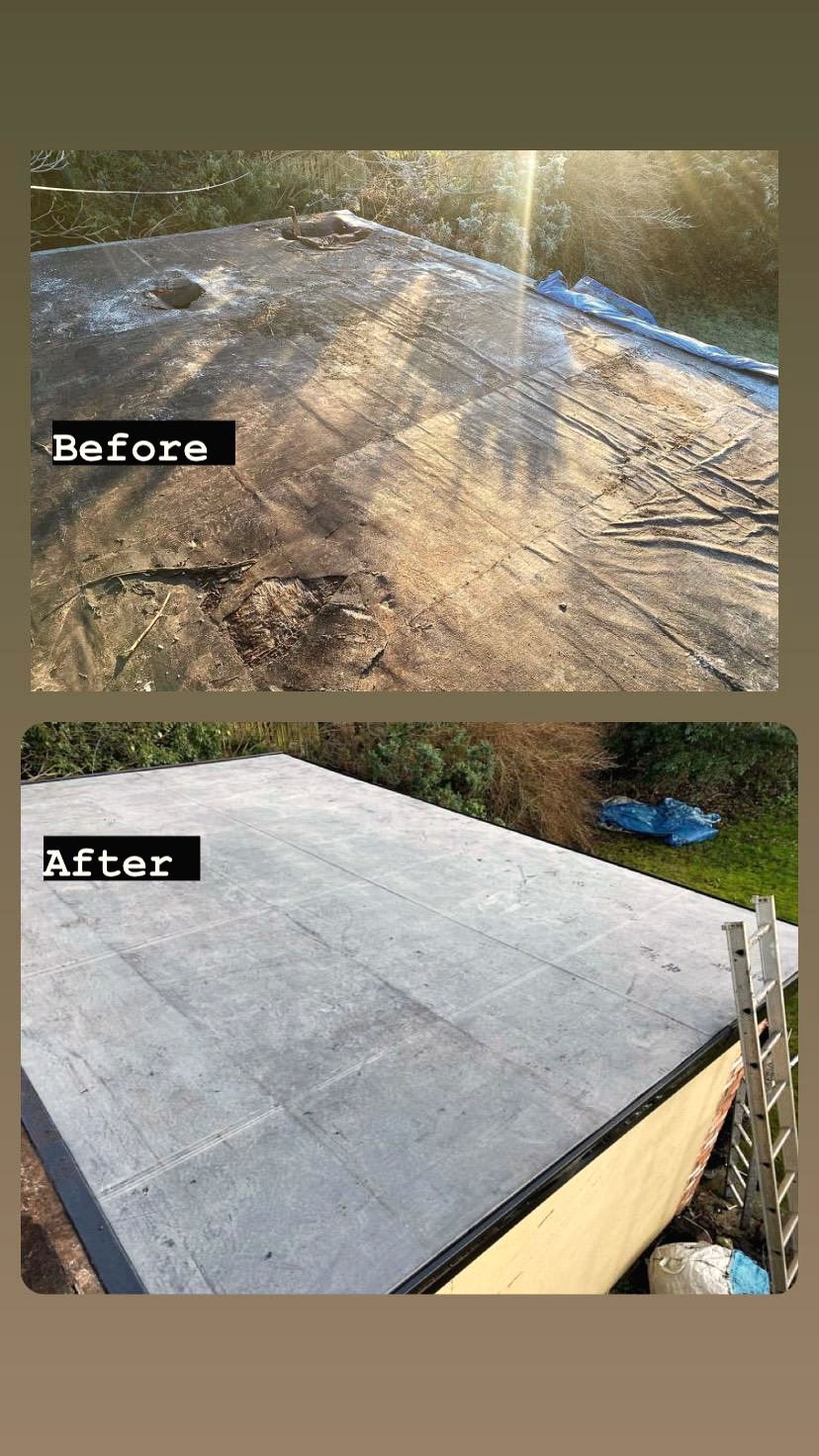 Before and after photographs showing a failed flat roof replaced with a new seamless covering by Cheshire Roofing Contractors