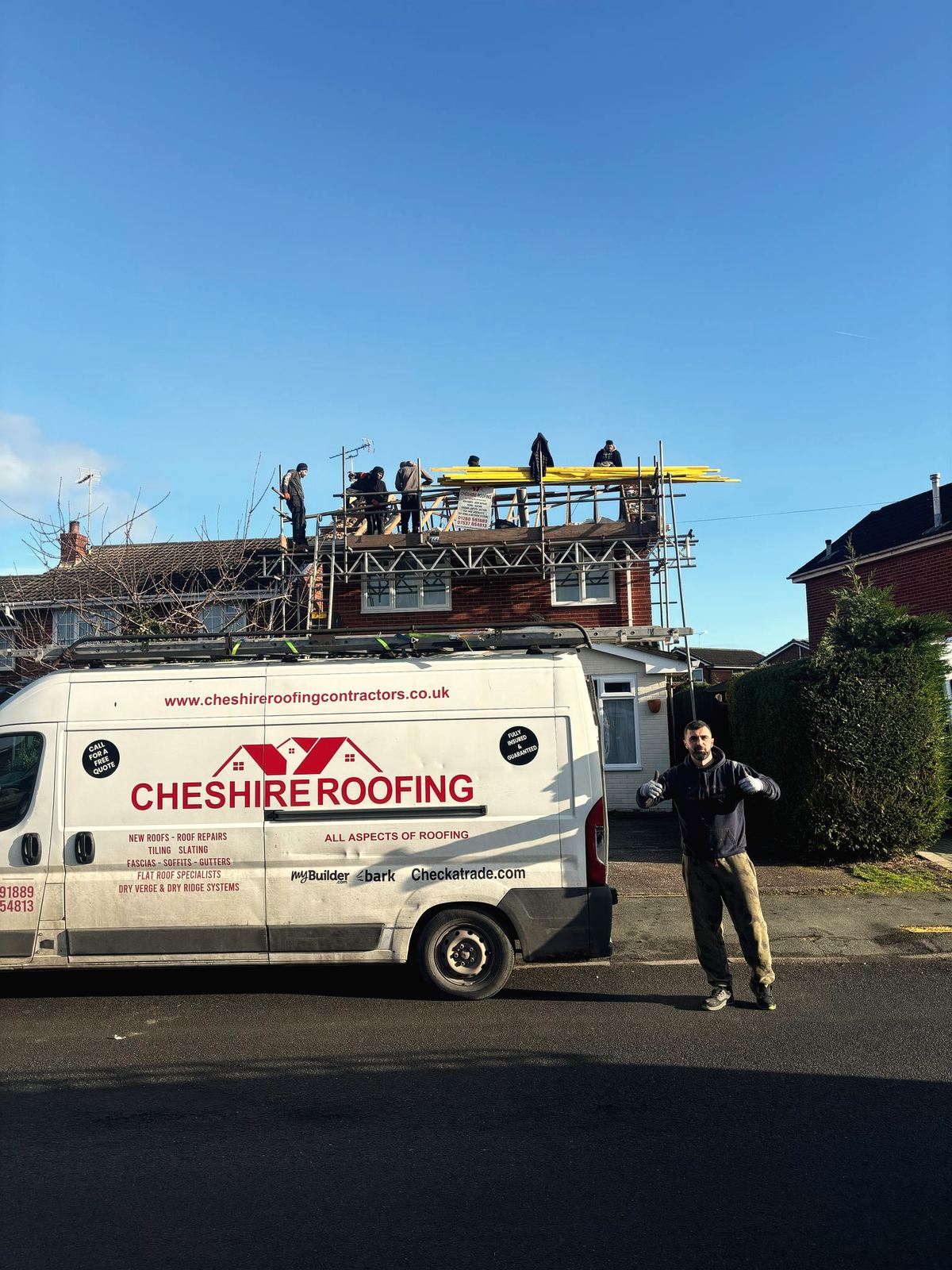 Cheshire Roofing Contractors signwritten van and team member outside a home with scaffolding during a re-roof